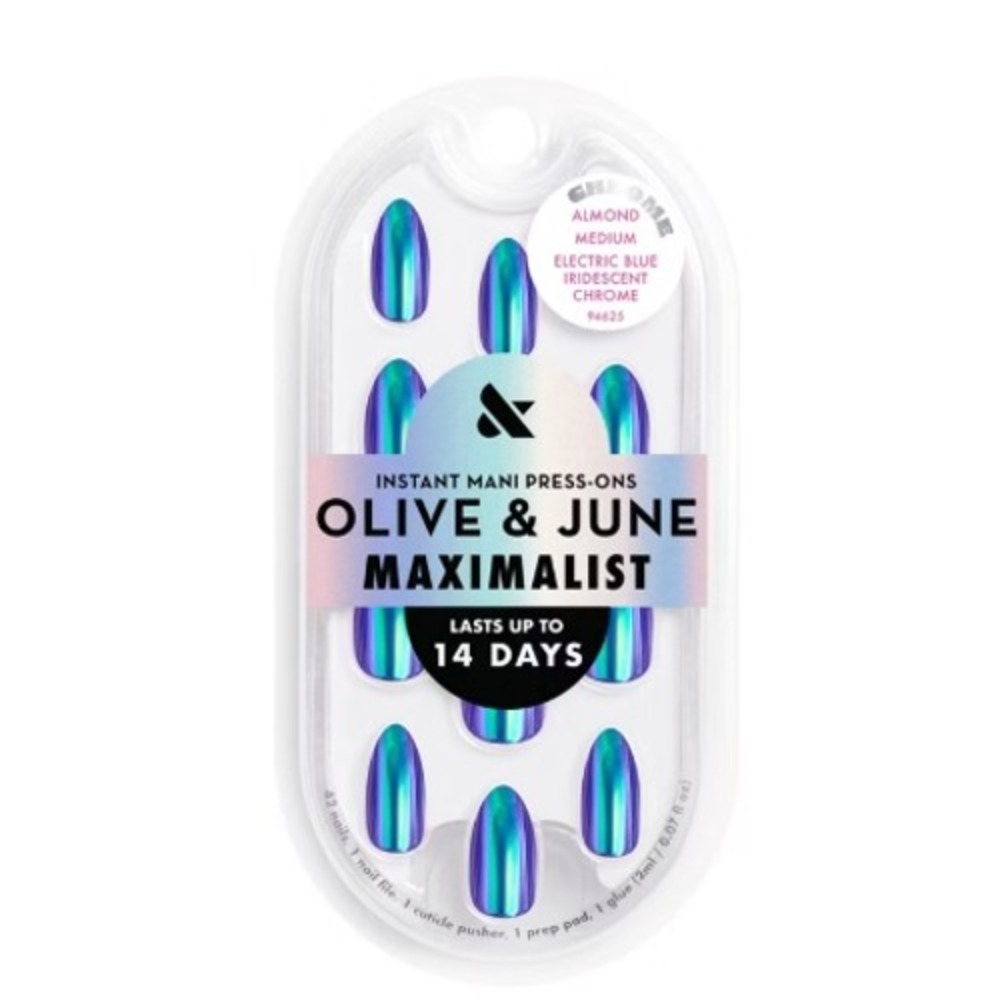Olive & June Press-On Nails‎ Electric Blue Iridescent Chrome Almond NEW